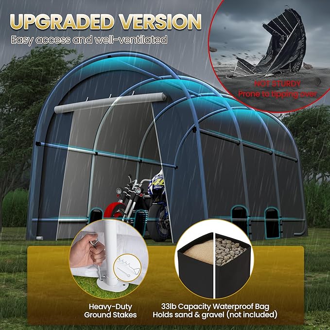 Kiss the Water Domed Carport with 4 Cloth Bags, Portable Garage with 2 Roll-up Doors, Heavy Duty Car Canopy Party Tent, All-Season Storage Shelter Shed for Cars, Truck, or Garden Tools, 10' x 15'