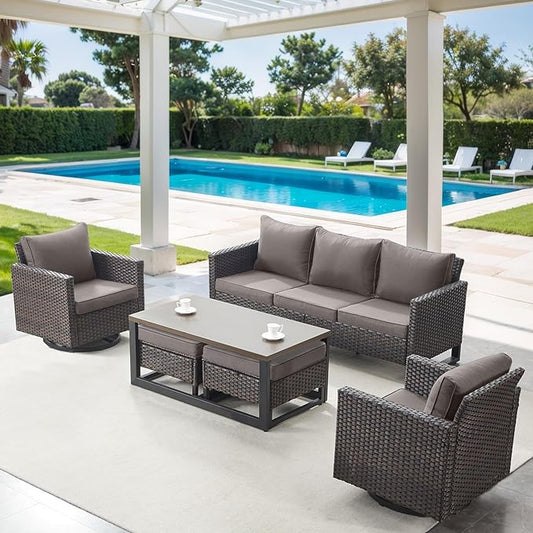 6 Piece Wicker Patio Furniture Set - Outdoor Swivel Rocker Chairs Set with Coffee Table, 3 Seat Sofa & Ottomans, Small Patio Conversation Sets Proch Furniture for Balcony Deck - Brown/Grey