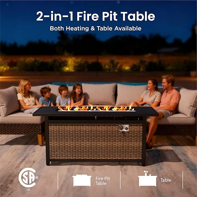 PHI VILLA 7-Piece Half Moon Patio Furniture Set with 56" Fire Pit Table, Outdoor Wicker Sectional Sofa with Cushions, Large Curved Conversation Seating for Garden or Backyard, Beige