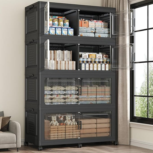 800 QT Extra Large Stackable Storage Bins with Lid, 200 Gal Collapsible Storage Box with Wheels, Folding Closet Organizers and Storage Cabinet with Doors for Home, Kitchen, Office, 4Pack Black