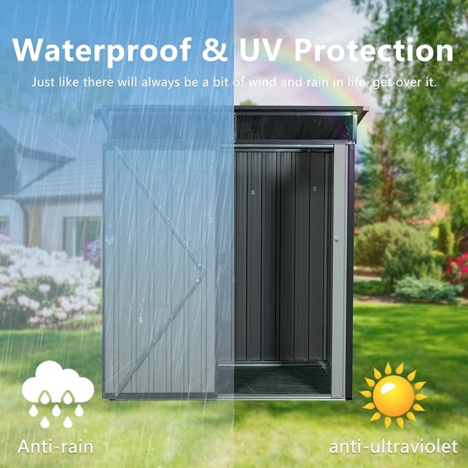 Favfurish 5 x 3 FT Outdoor Storage Shed, Metal Versatile Garden Shed with Lockable Door, Transparent Plate, Air Vents, Waterproof Storage House Tool Shed for Backyard Patio Lawn, Black