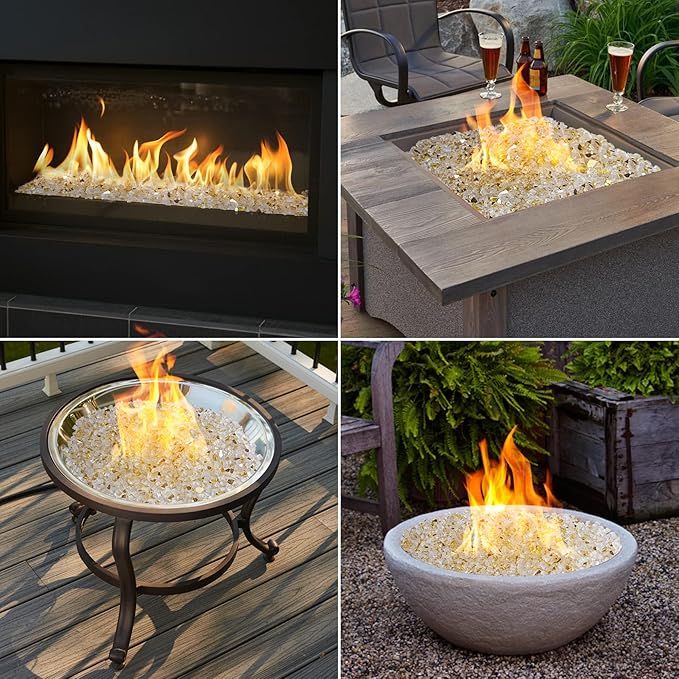 Onlyfire 10 pounds Fire Glass for Propane Fire Pit and Gas Fireplace, 1/2 Inch Reflective Firepit Glass Rocks for Fire Pit Table and Fire Bowl, High Luster Gold