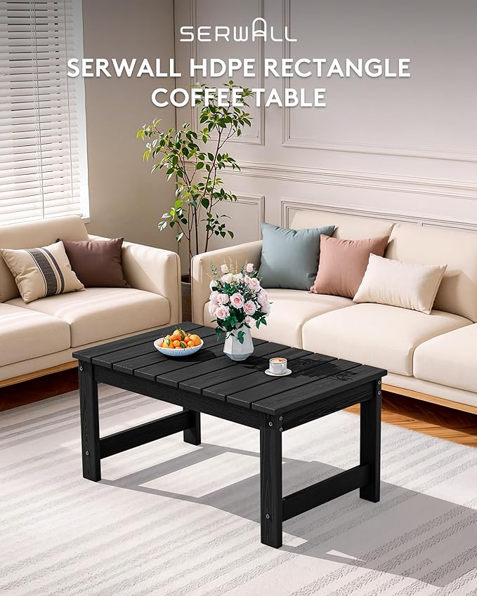 SERWALL Outdoor Coffee Table with 1.69" Umbrella Hole, HDPE Patio Coffee Table for Outside, Rectangle, Black