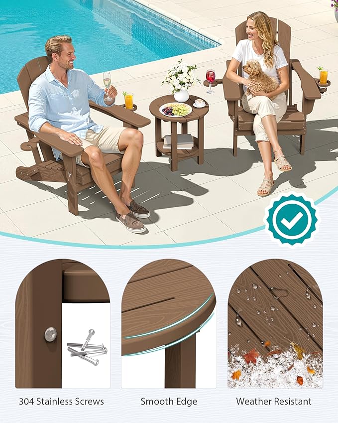 SERWALL Round Outdoor Side Table Set of 2, HDPE Small Adirondack Double End Table, Brown