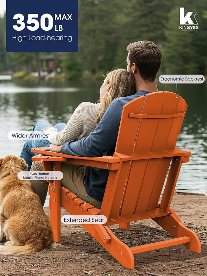 KINGYES Folding Adirondack Chair Set of 6, Dual Cup Holders & All-Weather HDPE, Wood-Like Patio Chair for Backyard, Camping, Pool & Fire Pit, Orange
