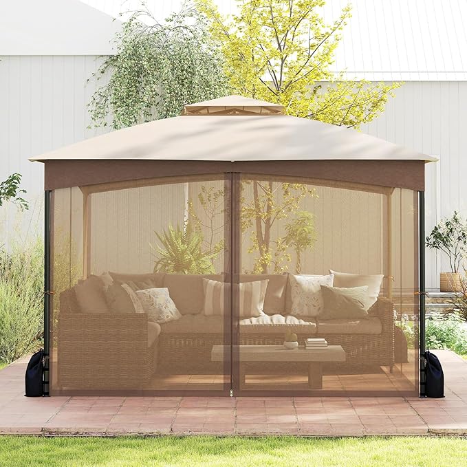 Tangkula 10x12 FT Outdoor Gazebo with Netting, Double Roof Patio Shelter with 4 Sandbags, Zippered Doors, Heavy-Duty Metal Frame, Metal Patio Gazebo for Yard Garden Lawn (Khaki)