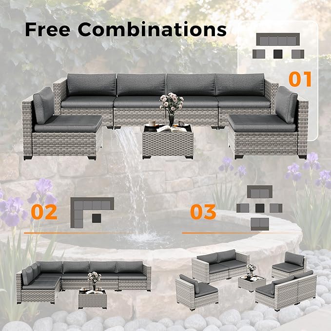 6-Seat Modular Patio Furniture Set – Outdoor Wicker Sectional Sofa with Thick 4″ Cushions, Dual-Strand PE Rattan, Rust-Resistant 18 mm Steel Frame, Backyard Garden Deck Lounge,Black