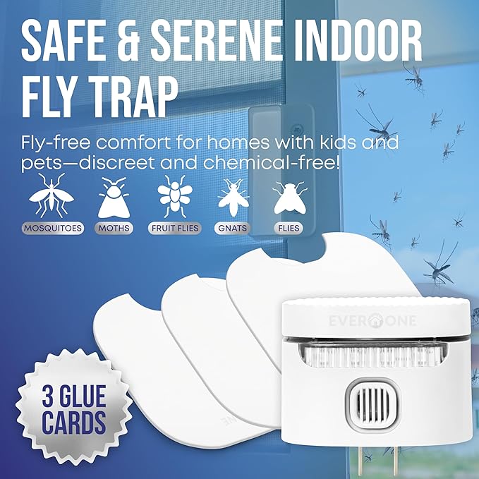 EverOne Fly Trap Indoor Plug-in Device with 3 Glue Cards – Effective Flying Insect Trap for Home – Bug Catcher and Mosquito Killer – Sticky Trap for Flies, Gnats, Fruit Flies, and Moths