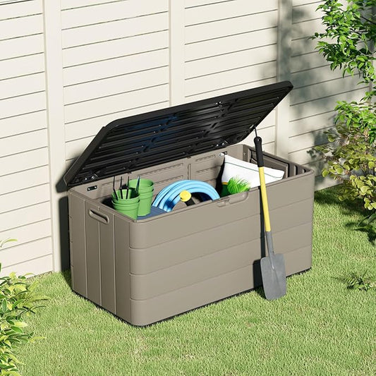 ZZM 110 Gallon Lockable Resin Deck Box, Waterproof Outdoor Storage Box for Patio Cushion Storage Cabinet and Tools Storage, Coffee