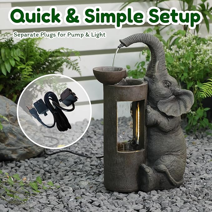 Tankana Elephant Waterfall Fountain for Indoor Desktop & Outdoor Use Small Garden Water Feature with LED Light Quiet Mini Cute Table Water Fountains for Patio, Yard, Home Decor