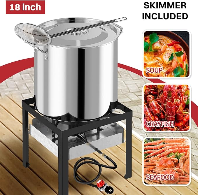 80QT Stainless Steel Crawfish Boiler | Seafood Boiling Kit | Cover & 18" Skimmer Included | 110,000BTU Propane Jet Burner | 20 PSI CSA Certified Regulator | Crab Boil Pot for Outdoor Backyard Cooking