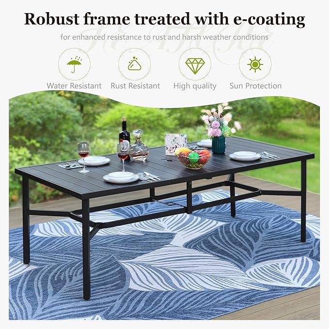 HERA'S HOUSE Patio Table, 8 Person Outdoor Dining Table with Umbrella Hole, Rectangle Black Metal Table for Lawn Garden Backyard Restaurant, 83" L x39 W x29 H