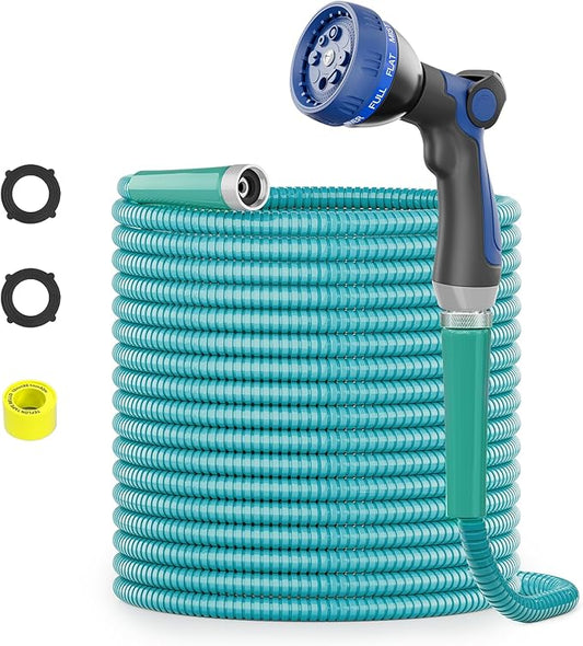SPECILITE 100ft 304 Stainless Steel Garden Hose Metal, Heavy Duty Water Pipe with Nozzles for Yard, Outdoor - Flexible, Never Kink & Tangle, Puncture Resistant (Sky Blue)