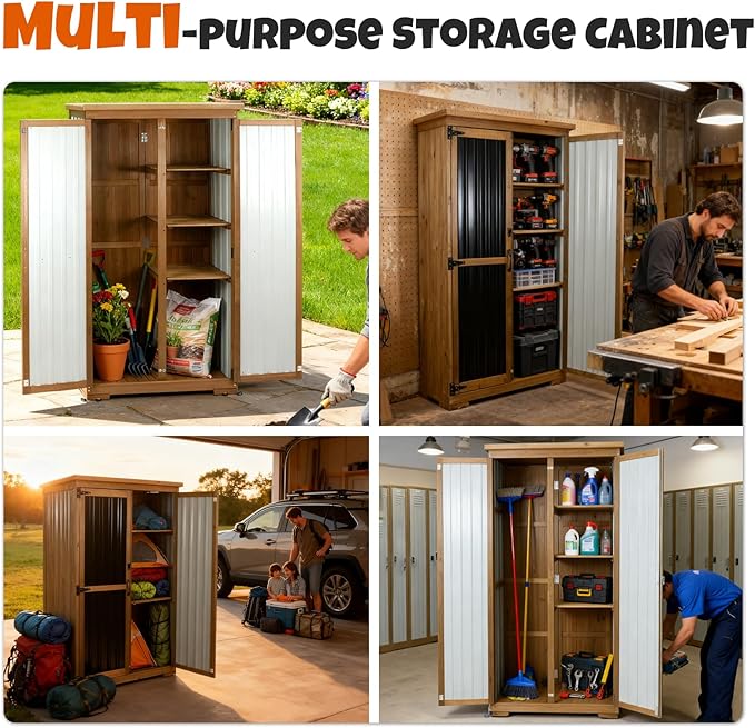 Outdoor Storage Cabinet with Shelves, Wood & Metal Storage Shed with Weatherproof Roof, 3 Removable Shelves, Double Lockable Doors, Adjustable Feet, Outside Storage Cabinet for Garage, Patio, Backyard