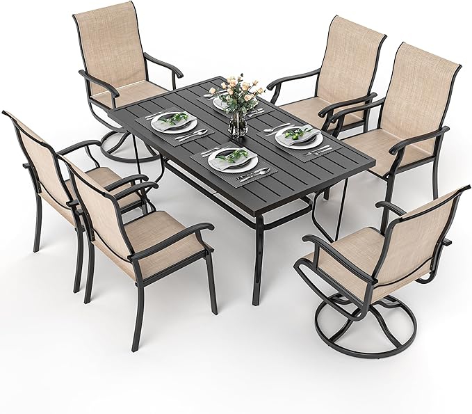 Pamapic 7-Piece Outdoor Dining Set, Patio Dining Set for 6, All-Weather Outdoor Patio Set with 2 Textilene Swivel Chairs & 4 Regular Chairs for Garden, Poolside, Deck，Beige