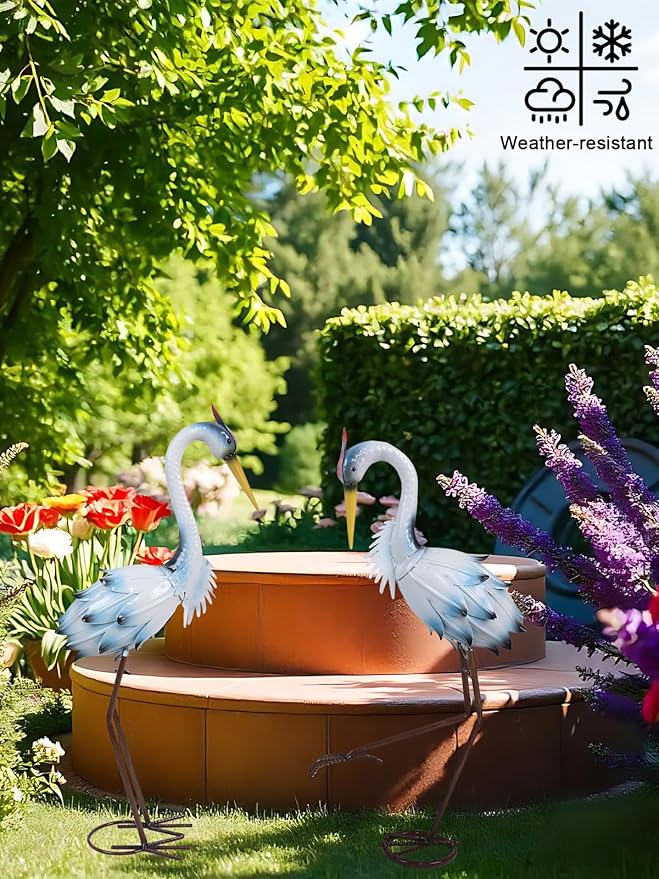 YEAHOME Garden Decor Outdoor Statues, 22"/20" Large Metal Heron Standing Yard Art, Blue Crane Lawn Sculptures Garden Decor for Outside Patio Porch Backyard, Set of 2