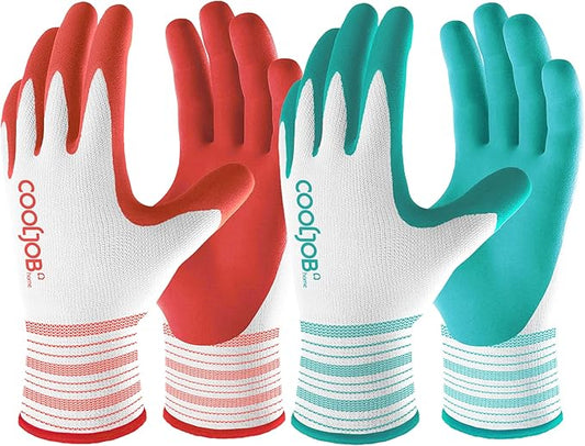 COOLJOB 2 Pairs Gardening Gloves for Women Ladies, Breathable Rubber Coated for Yard Garden, Outdoor Indoor Protective Work with Grip, Medium Size, Red & Green