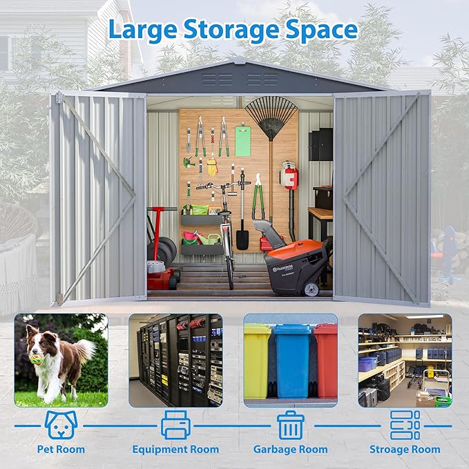 8 x 6 FT Outdoor Storage Shed with Floor Frame,Utility Metal Tool Storage with Lockable Doors,Air Vents & Waterproof Roof, Large Garden Shed for Backyard, Patio Lawn,Gray