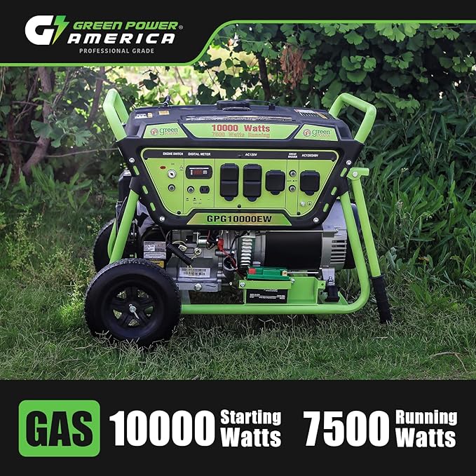 Green-Power America Gasoline Powered Portable Generator 10000 Watt, Recoil/Electric Start, 12V-8.3A Charging Outlets, Home Back Up & RV Ready, 49 State Approved（Excluding California）