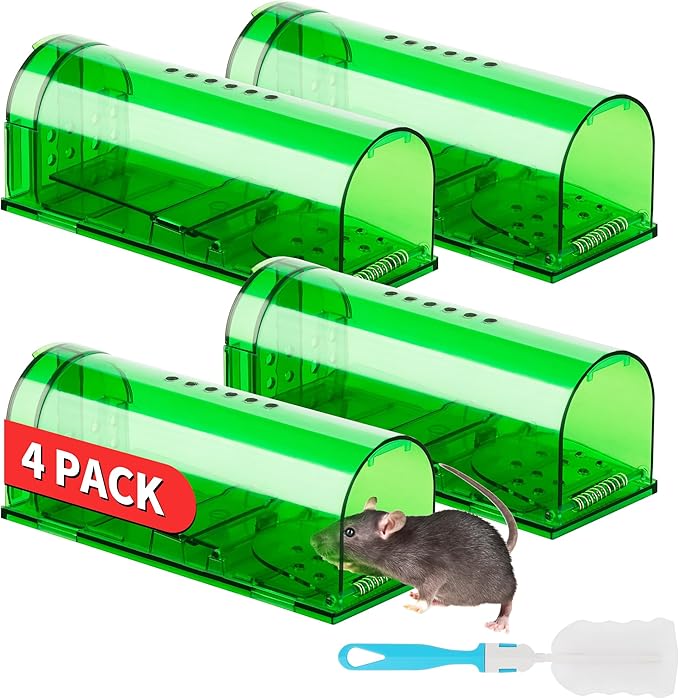 LULUCATCH Humane Mouse Traps 4 Pack, Live Mouse Traps, Reusable with Cleaning Brush, No Kill Catch and Release Indoor Outdoor Rat Cage, Pet Safe Pest Control for Mole, Chipmunk & Squirrel