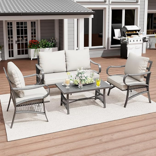 4 Piece Patio Furniture Set, All Weather Outdoor Sectional Sofa Conversation Set with Thick Cushions and Metal Coffee Table for Garden, Porch, Lawn, Beige