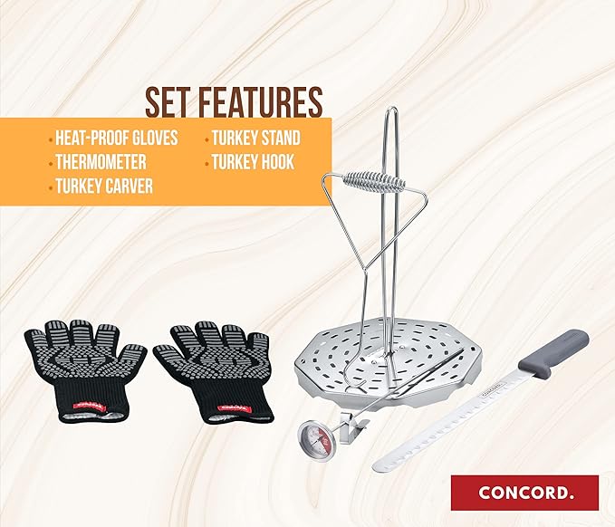 CONCORD 6 Piece Stainless Steel Turkey Fryer Kit. Frying Accessories Includes: Rack, Lifter, Thermometer, Gloves, and Turkey Slicer Knife