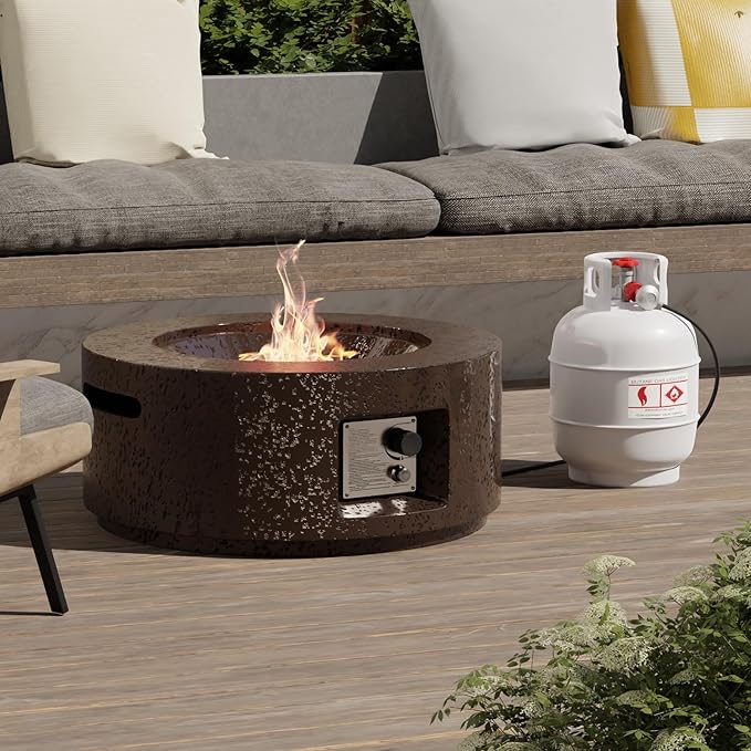 SUNBURY Outdoor Fire Pit, 28 inches Round Propane Gas Patio Fire Table 40,000 BTU Concrete Travertine Design, Circular Base Small Firepit with Lava Rocks, Waterproof Cover (Dark Brown)