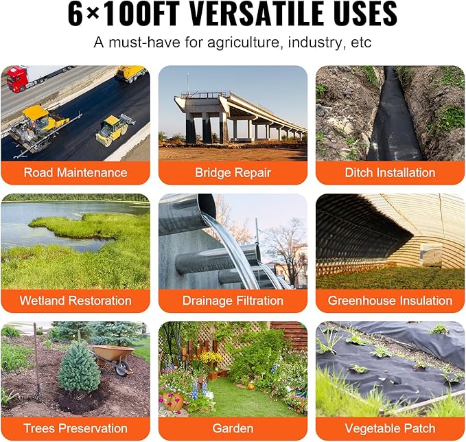 VEVOR 6FTx100FT Non-Woven Geotextile Heavy Duty 8oz Driveway Underlayment for Gravel, Ground Cover, Garden Weed Barrier, Drainage Fabric, Landscaping, Black