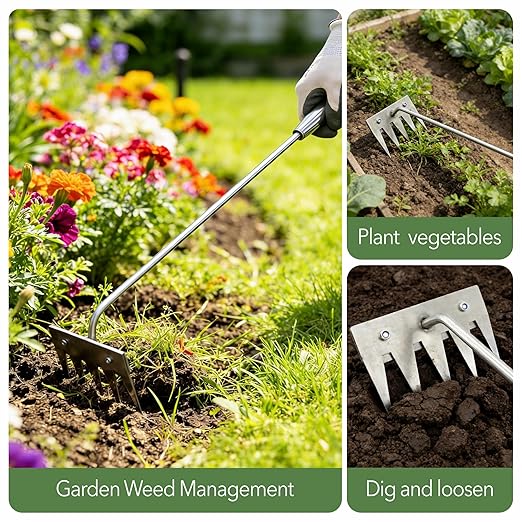 2Pcs Weed Puller Tool, 2026 Portable Manual Weeding Tools Gardening, 5 Teeth Head Stainless Steel Hand Garden Weeding Rake, Weed Remover Tool for Gardening Backyard Yard Farm Planting Weeding