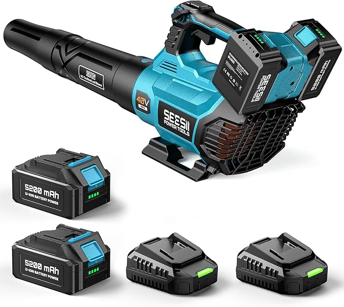 SEESII 40V Leaf Blower Cordless, 600CFM 160MPH Brushless Motor Leaf Blower with 2 * 5200mAh Batteries and Charger, Turbo Button & Variable Speed Control Electric Blower for Lawn Care, Dust and Debris