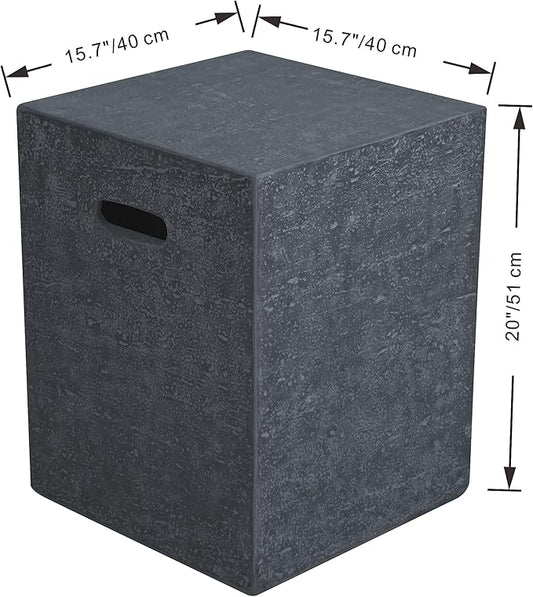 AMS Fireplace | Elementi Square Travertine Dark Gray 20 lbs Propane Tank Cover | Concrete GFRC Base | Dimensions: 15.7 x 15.7 x 20 inches | Perfectly Matches with Cannes Fire Pit Table.