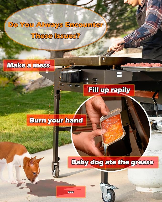 Rear Grease Catcher for Blackstone Griddle, Blackstone Grease Trap and Grease Drainage, 0.6 Gal Drip Bucket W/Lid, 10 Disposable Aluminum Liners, Black stone Griddle Accessories