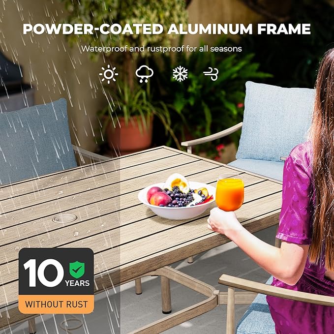 HAPPATIO 7-Piece Outdoor Dining Set for 6, Aluminum Patio Dining Set Includes 4 Dining Chairs, 2 Swivel Dining Chairs, and 1 Large Rectangular Table with Umbrella Hole, for Lawn Porch Backyard, Brown