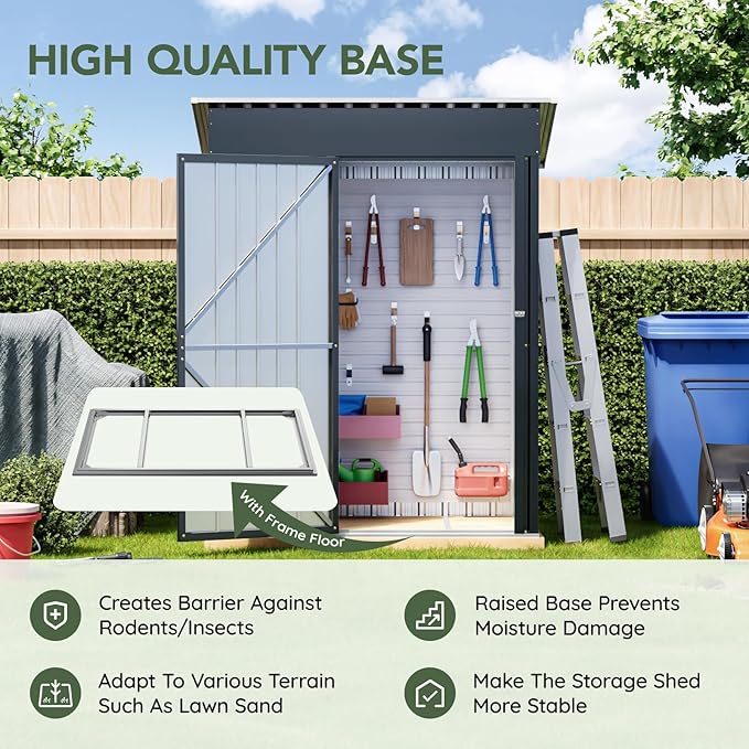 3x5 FT Outdoor Metal Storage Shed with Floor Frame, Single Door, 1 Clear Window, Tool Shed for Garden, Patio, Backyard