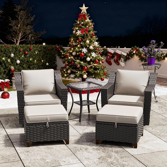 5 Pieces Patio Conversation Furniture Set - Swivel Chairs with Ottomans Set of 2, 1 Side Table, Outdoor Wicker Furniture Set with Washable Cushions for Porch, Balcony, Sunroom (Beige)