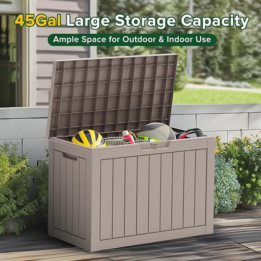 47 Gallon Waterproof Large Resin Deck Box Indoor/Outdoor Lockable Storage Container and Seating for Garden, Pool, and Patio (47 Gallon, Grey)