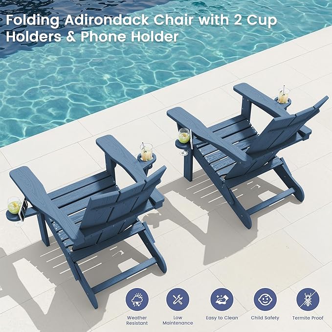 SERWALL Modern Folding Adirondack Chair Set of 2, Weather Resistant HDPE Outdoor Adirondack Chair with Dual Cup Holders, Fire Pit Chair for Patio Lawn Garden, Blue