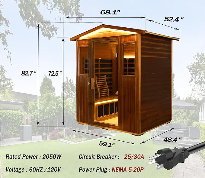 Outdoor Red Cedar Sauna 4 Person Far Infrared Sauna, Red Cedar, Withstand Outdoor Temp -10℉-149℉| Low EMF Sauna Room for Home-12 Low EMF Boards-Chromotherapy-Bluetooth Speakers (68.1*52.4*82.7 inch)