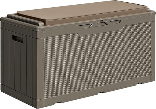 Greesum 100 Gallon Resin Deck Box Large Outdoor Storage with Cushions for Patio Furniture, Garden Tools, Pool Supplies, Weatherproof and UV Resistant, Lockable, Light Coffee