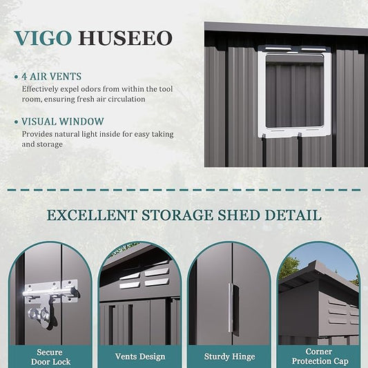 4 * 9.2 * 6 FT Outdoor Storage Shed, Galvanized Steel Garden Shed with Lockable Door & Window, Waterproof Metal Tool Storage for Garden, Backyard, Patio, Lawn(Gray)