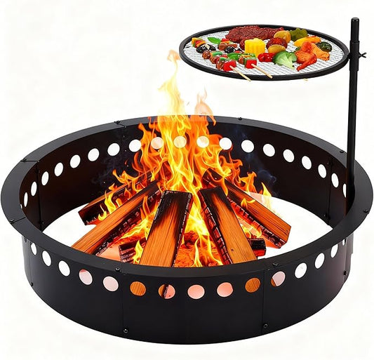 36 Inch Smokeless Fire Pit Ring with Grill Fire Ring for Outside Heavy Duty Metal Firepit Insert Round Steel Large Above/In-Ground Camping Firepit for Outdoor Patio Picnic BBQ Garden