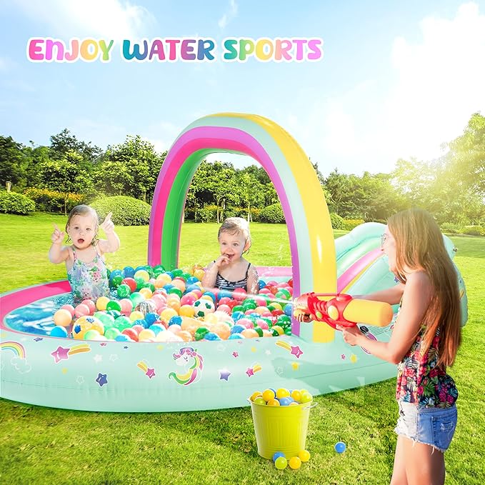 SULIFEEL Rainbow Unicorn Inflatable Play Center Kiddie Pool with Slide and Sprinkler for Children, 96''x59''x39''in Baby Pool for Backyard and Garden, Free Inflatable Pump