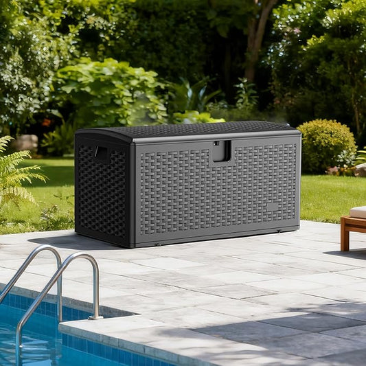 JEKO&JEKO 75 Gallon Outdoor Storage Box – Large Plastic Deck Box with Lockable Lid for Patio Furniture, Garden Supplies, and Shoes, Black