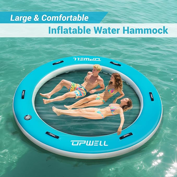 UPWELL Round Inflatable Pool Float Hammock with Backrest - Heavy Duty Mesh Mat for Adults, Tanning, Lakes and Rivers