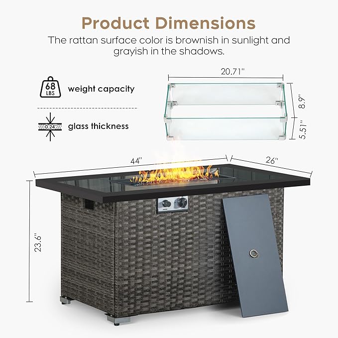 Brafab Fire Pit, 44" Outdoor Propane Gas Fire Pit Table with Hand Woven Rattan Pattern Tempered Glass Tabletop,50,000 BTU PE Rattan Patio Fire Pit Table with Blue Fire Glass,Lid,ETL Certification