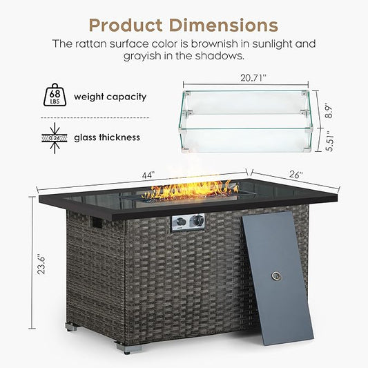 Brafab Fire Pit, 44" Outdoor Propane Gas Fire Pit Table with Hand Woven Rattan Pattern Tempered Glass Tabletop,50,000 BTU PE Rattan Patio Fire Pit Table with Blue Fire Glass,Lid,ETL Certification