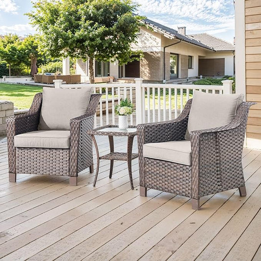 3 Pieces Patio Furniture Set-Wicker Patio Chairs Set of 2 with Tempered Glass End Table Outdoor Patio Chairs for Deck Balcony Poolside Backyard-Brown/Beige