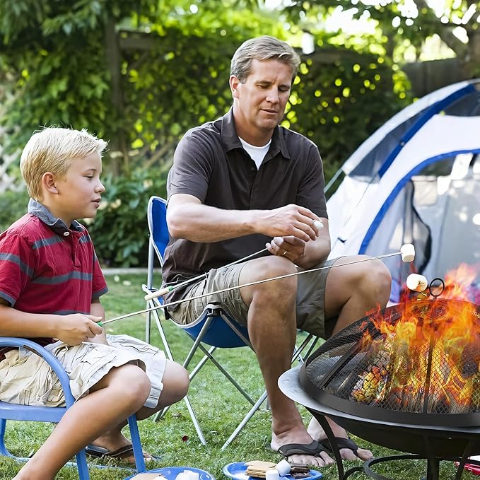 Fire Pit Spark Screen, 24 Inch Outdoor Fire Pit Screen with Foldable Hook and Marshmallow Sticks, Heavy Duty Steel Mesh Fire Pit Cover for Backyard, Beach, RV Camping