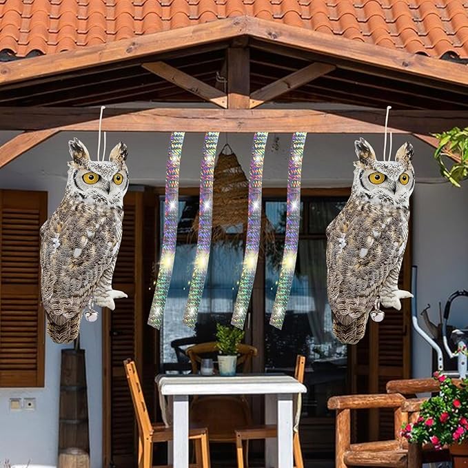 4PCS Reflective Owl Scarer Devices Plastic Owl Hanging Decoration Woodpecker Control Device with Reflective Tape for Garden Patio Pool