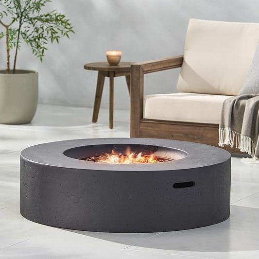 Outdoor Propane Fire Pit Table for Outside Patio, 39 Inch Concrete Fire Pit Table, Round Gas Fire Pit for Garden, Pool, Backyard, 50,000 BTU, Free Lava Rocks, Dark Gray